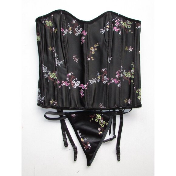 Black Asian Satin Jacquard Corset Set - XL - NEW - Picture 2 of 8